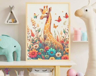 May include: A framed illustration of a giraffe standing in a field of colorful flowers. The giraffe is brown and white with a long neck and spots. The flowers are a variety of colors, including pink, purple, yellow, and orange. There are also butterflies flying around the giraffe.