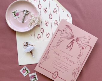 Invitación de ballet rosa, 3 piezas, tamaño A7, invitación de cumpleaños para niña con zapatos de punta