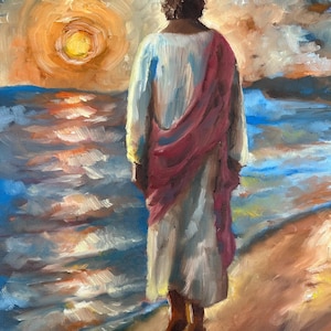 May include: Oil painting of a figure in white and pink robes, facing a vibrant sunset over the ocean. The artwork features a warm color palette with blues, oranges, and yellows, creating a serene and spiritual scene.