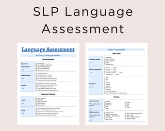 May include: A printable language assessment checklist for speech-language pathologists (SLPs). The checklist includes sections for auditory comprehension, verbal expression, and naming.