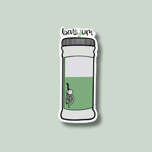 May include: A sticker featuring a cartoon illustration of a barium bottle with a green liquid inside and the word "barium" written above it. The bottle has a white label and a diagram of the digestive system.