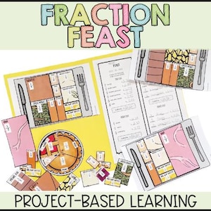 May include: An educational resource titled "Fraction Feast" with the words "Project-Based Learning" at the bottom. The image shows illustrated food fractions, including pie charts and rectangular food portions, with a knife and fork.