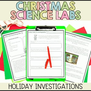 Peut inclure: Un ensemble de feuilles de travail imprimables de laboratoire scientifique de Noël pour les enfants. Les feuilles de travail présentent une expérience de chromatographie de la canne à sucre. Les feuilles de travail sont intitulées "Chromatographie de la canne à sucre" et "Enquêtes de vacances".