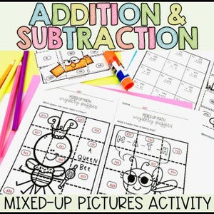 May include: Educational worksheet titled "Addition & Subtraction" with "Mixed Up Math" puzzles. Includes pencils, glue stick, and a pink paper. The worksheets feature illustrations of a queen bee and a bee with speech bubbles.