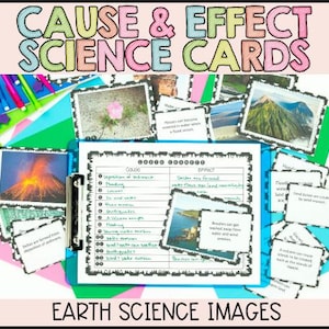 May include: Educational Earth science cards titled "CAUSE & EFFECT SCIENCE CARDS" with images of natural phenomena. The cards include a chart detailing causes and effects, with images of volcanoes, mountains, and other related topics.