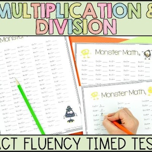 May include: Educational worksheets for multiplication and division, titled "Monster Math," with a green pencil and an orange pencil completing the problems. The image includes the text "MULTIPLICATION & DIVISION" and "FACT FLUENCY TIMED TESTS."