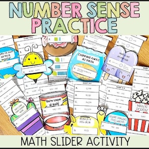 May include: A collection of paper math slider activity cards featuring colorful illustrations of a bee, donut, popsicle, cactus, soup can, snail, and popcorn bucket. Each card includes math problems and text such as Math is out of this world.