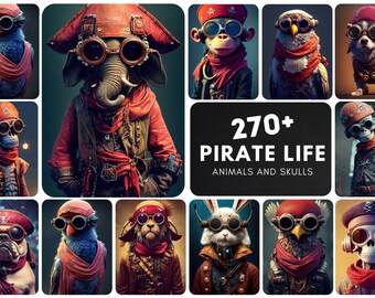 Printable wall art: 270+ Rare Pirate Characters with Animals and Skulls, Wall Art Set, Digital Download