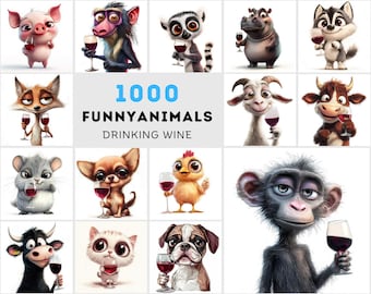 May include: A collage of 12 cartoon animals drinking wine. The animals include a pig, monkey, lemur, hippopotamus, fox, goat, cow, cat, dog, chicken, bull, and a monkey. The text "1000 FUNNY ANIMALS DRINKING WINE" is in the center of the collage.