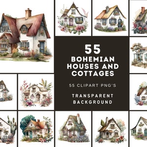 Encantador paquete de imágenes de casas y cabañas bohemias: 55 ilustraciones transparentes únicas y bohemias para proyectos digitales e impresos