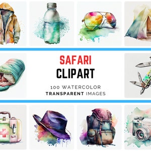 May include: Watercolour illustrations of safari themed items, including a jacket, water bottle, sunglasses, tent, sleeping bag, pocket knife, first aid kit, hat, backpack, and camera. The illustrations are on a white background with a blue and white border.