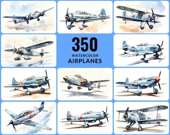 Aquarell Flugzeug PNG Sammlung: 350 Vintage Jagdflugzeug und Bomber Flugzeug Illustrationen mit kommerzieller Lizenz
