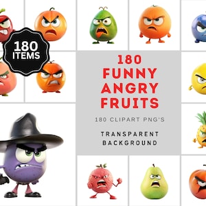 Angry Fruits Bundle - 180 Transparent PNG Images for Digital Design, Clip Art, Stickers, Commercial use, instant download, fruit sublimation