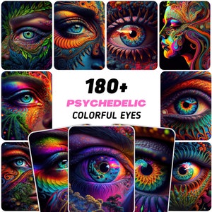 Puede incluir: Un collage de más de 180 ojos psicodélicos coloridos. Cada ojo es una obra de arte única con colores vibrantes y patrones intrincados.