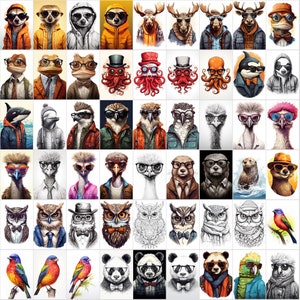 May include: A collage of 100 different animal illustrations wearing glasses and various outfits. The animals include owls, meerkats, penguins, ostriches, otters, pandas, and more. Each animal is depicted in a unique and humorous style.