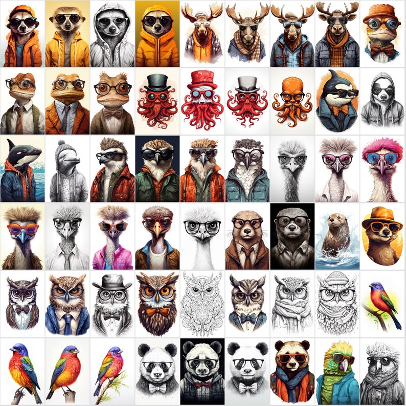 May include: A collage of 100 different animal illustrations wearing glasses and various outfits. The animals include owls, meerkats, penguins, ostriches, otters, pandas, and more. Each animal is depicted in a unique and humorous style.