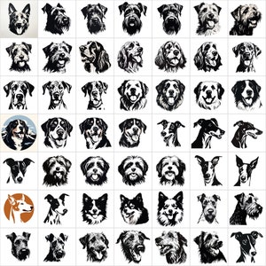 K&ouml;nnte beinhalten: Eine Sammlung von 49 Schwarzwei&szlig;-Illustrationen von Hunderassen. Die Illustrationen sind in einem einfachen, stilisierten Design gehalten und zeigen verschiedene Hunderassen, darunter einen Berner Sennenhund, einen Border Collie, einen Beagle, eine Bulldogge, einen Dackel, einen Sch&auml;ferhund, einen Golden Retriever, einen Labrador Retriever, einen Pudel, einen Rottweiler, einen Shih Tzu, einen Yorkshire Terrier und viele mehr.