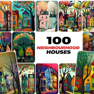 Arrière-plans de maisons de quartier - Ensemble de 100 images pour toile ou impression, clipart de maisons, maisons à usage commercial aux couleurs vibrantes.