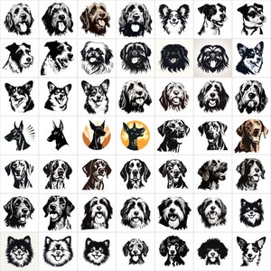 K&ouml;nnte beinhalten: Eine Sammlung von 64 Schwarzwei&szlig;illustrationen verschiedener Hunderassen. Jede Illustration ist eine Nahaufnahme des Kopfes und Halses des Hundes.