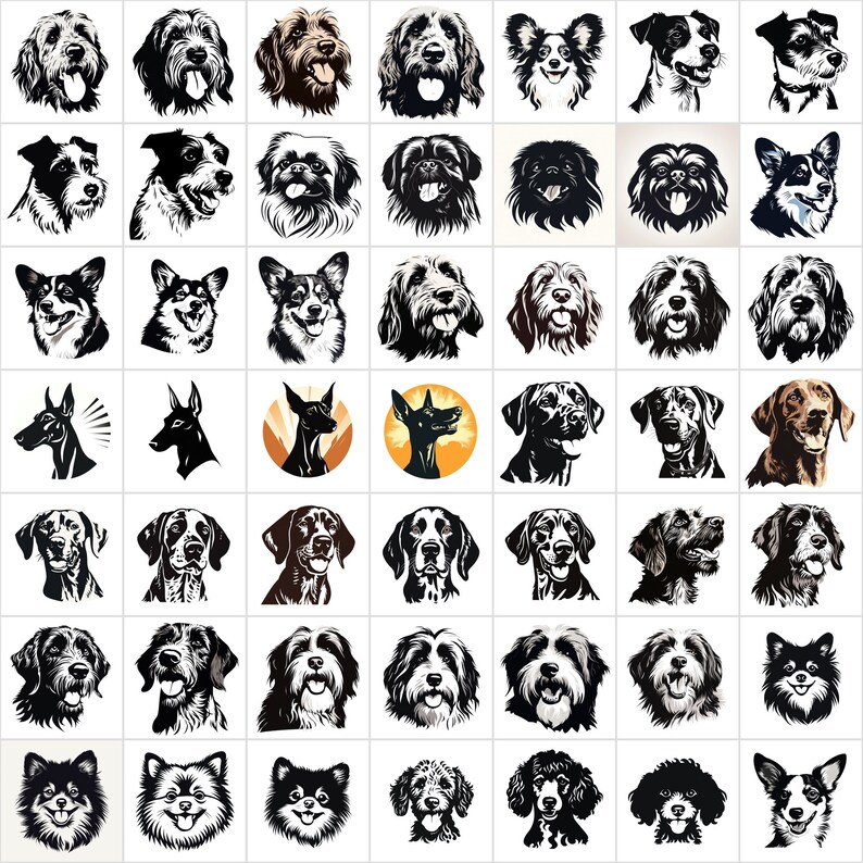 K&ouml;nnte beinhalten: Eine Sammlung von 64 Schwarzwei&szlig;illustrationen verschiedener Hunderassen. Jede Illustration ist eine Nahaufnahme des Kopfes und Halses des Hundes.