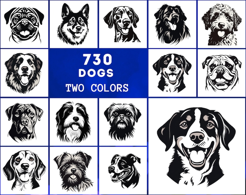 K&ouml;nnte beinhalten: Eine Sammlung von 730 Schwarzwei&szlig;-Hundeillustrationen in zwei Farben. Die Illustrationen zeigen verschiedene Hunderassen mit unterschiedlichen Gesichtsausdr&uuml;cken.