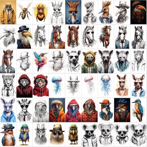 May include: A digital collage of 36 different animal illustrations. Each animal is wearing clothing and accessories, such as hats, glasses, and scarves. The animals include a bee, a fox, a kangaroo, a jellyfish, a koala, a bird, a cheetah, a unicorn, a hyena, a giraffe, an owl, and a horse.