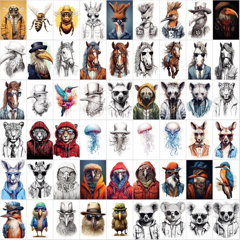 May include: A digital collage of 36 different animal illustrations. Each animal is wearing clothing and accessories, such as hats, glasses, and scarves. The animals include a bee, a fox, a kangaroo, a jellyfish, a koala, a bird, a cheetah, a unicorn, a hyena, a giraffe, an owl, and a horse.