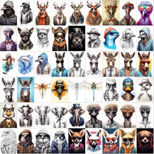 May include: A collage of 48 illustrations featuring various animals wearing human clothing and accessories. The animals include a crow, deer, ostrich, emu, chihuahua, dolphin, donkey, dragonfly, duck, elephant, fox, owl, and eagle. The animals are depicted in a variety of settings, including a forest, a beach, and a city.
