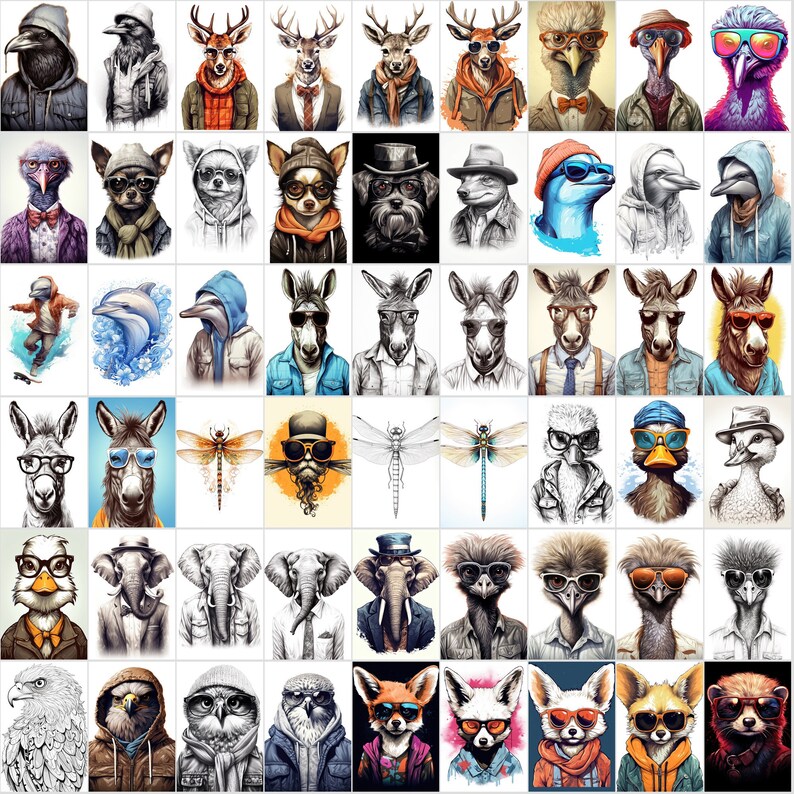 May include: A collage of 48 illustrations featuring various animals wearing human clothing and accessories. The animals include a crow, deer, ostrich, emu, chihuahua, dolphin, donkey, dragonfly, duck, elephant, fox, owl, and eagle. The animals are depicted in a variety of settings, including a forest, a beach, and a city.