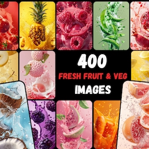 400 immagini di frutta e verdura ad alta risoluzione con spruzzi d'acqua
