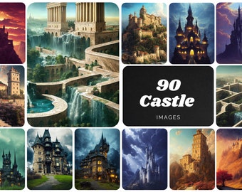 May include: A collage of 90 images featuring various castles in different styles and settings. The images showcase castles with towers, spires, and intricate details, set against backdrops of mountains, forests, and water.