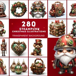 Steampunk Christmas Illustrations, Gothic Holiday Clipart, 280 JPG and 265 PNG Files with Commercial License, Vibrant Green & Red
