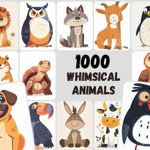 May include: A collection of 1000 whimsical animal illustrations. The illustrations feature a variety of animals, including a lion, owl, wolf, goat, penguin, turtle, toucan, donkey, cow, and more. The illustrations are all in a cartoon style and are perfect for adding a touch of whimsy to any project.