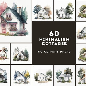 Aquarel Cottage-bundel: 60 minimalistische cottage-afbeeldingen voor rustiek huisdecor, digitale download