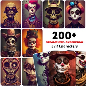 Arte de pared imprimible: más de 200 personajes Steampunk con payasos malvados y calaveras. Conjunto de arte de pared imprimible, descarga digital