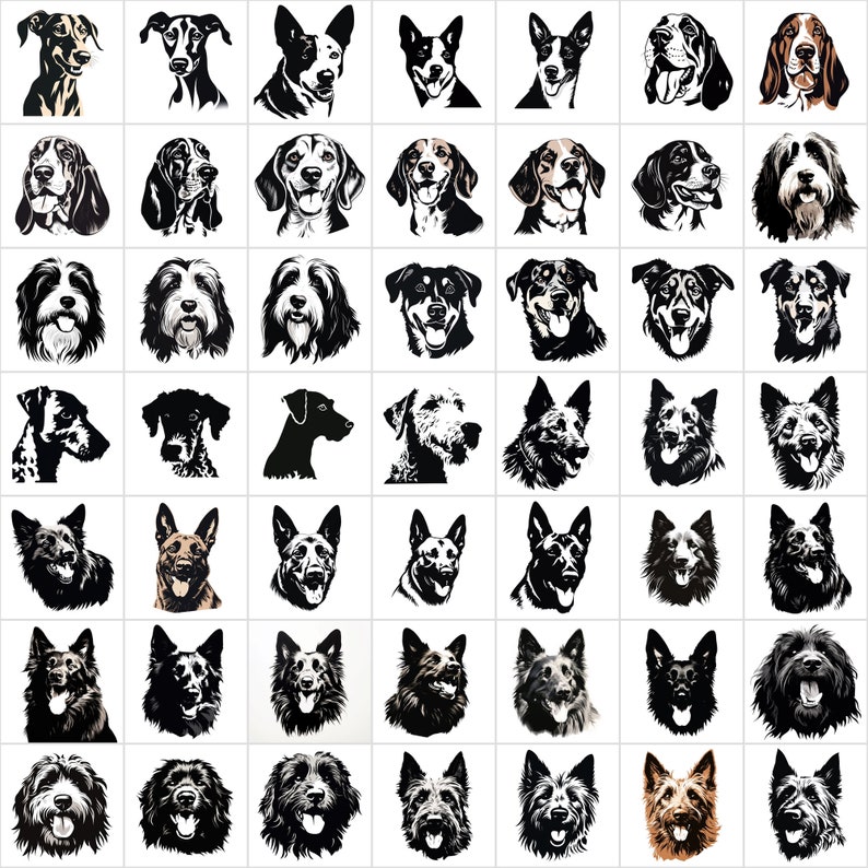 K&ouml;nnte beinhalten: Eine Sammlung von 49 Schwarzwei&szlig;-Silhouetten-Illustrationen von Hunderassen. Die Illustrationen sind in einem Raster angeordnet. Jede Illustration zeigt eine andere Hunderasse, darunter Beagle, Border Collie, Bulldogge, Dackel, Deutscher Sch&auml;ferhund, Golden Retriever, Labrador Retriever, Pudel, Rottweiler und Shih Tzu.