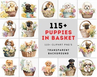 Fall in Love with These Watercolour Transparent 115 Baby Puppies in Basket Clipart, Perfect for Creating Whimsical Designs - Commercial Use