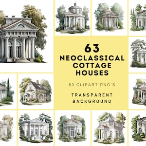Paquete de imágenes prediseñadas de casas de campo neoclásicas - 63 imágenes transparentes PNG para uso comercial, perfecto para sitios web, invitaciones e impresiones.