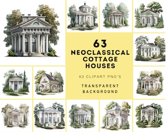 Neoclassical Cottage Houses Clipart Bundle - 63 PNG Transparent Images for Commercial Use, Perfect for Websites, Invitations, Prints.