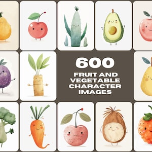 600 immagini uniche di personaggi di frutta e verdura - Colori pallidi