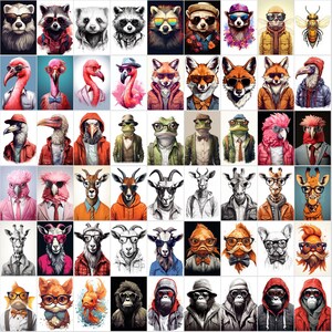 May include: A collage of 60 different animal illustrations, each wearing human clothing and accessories. The animals include raccoons, flamingos, foxes, frogs, goats, giraffes, cats, and monkeys. The animals are depicted in a variety of poses and expressions, and they are wearing a variety of clothing and accessories, including hats, glasses, scarves, and ties.