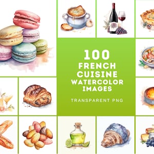 フランス料理の水彩画クリップアート：透明なPNG画像100枚（デジタルダウンロード）