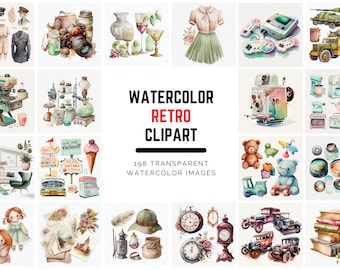 198 Retro Clipart Images with a Vintage Twist - Transparent PNG, Watercolor PNG Images, Retro Revival: Classic-Inspired Clipart Images