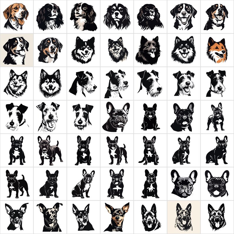 K&ouml;nnte beinhalten: Eine Sammlung von 49 Schwarzwei&szlig;-Silhouetten-Illustrationen verschiedener Hunderassen. Die Bilder sind in einem Raster angeordnet.