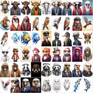 May include: A digital collage of various animals wearing human clothing and accessories. The animals include a bull, elephant, owl, bird, fish, lizard, badger, raccoon, monkey, eagle, and owl. The animals are wearing hats, glasses, scarves, jackets, and other clothing items.