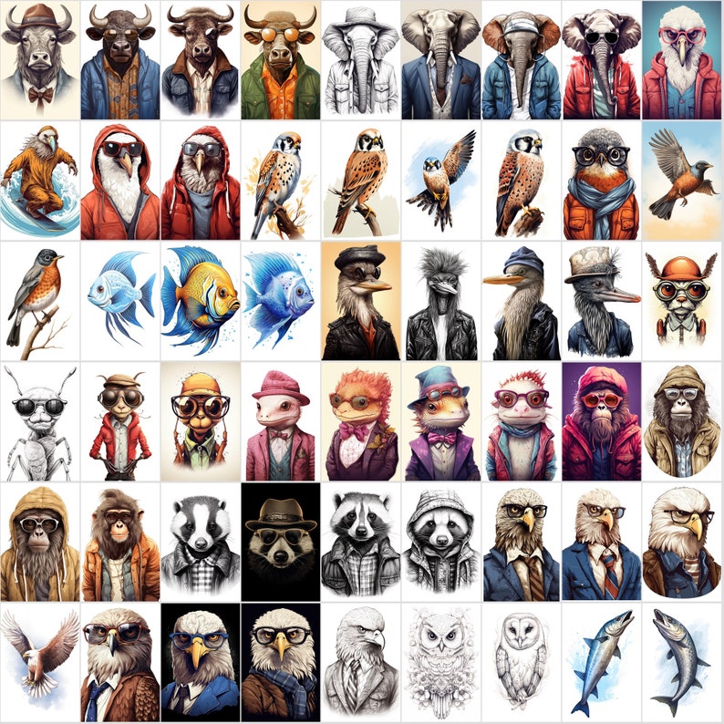 May include: A digital collage of various animals wearing human clothing and accessories. The animals include a bull, elephant, owl, bird, fish, lizard, badger, raccoon, monkey, eagle, and owl. The animals are wearing hats, glasses, scarves, jackets, and other clothing items.