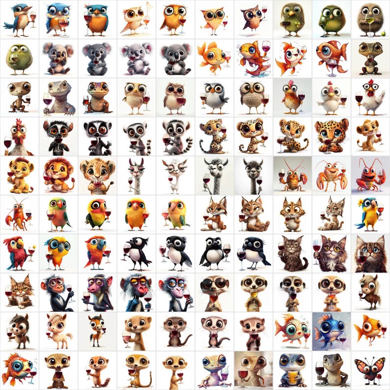 1000 Hilarious Animals With Big Eyes Drinking Wine Fun & Quirky Digital