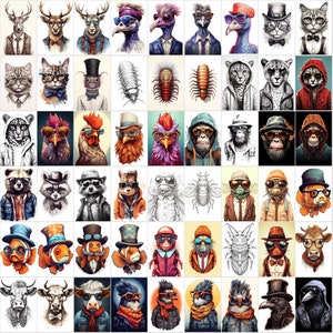 May include: A collage of 64 images featuring various animals wearing hats, glasses, and other accessories. The animals include deer, cats, birds, insects, fish, and more. The images are all in a cartoon style and are brightly colored.