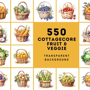 Cottagecore Obst & Gemüse Aquarell Bilder - Set von 550 Bildern mit transparentem Hintergrund