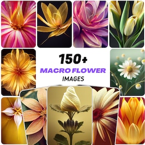 May include: A collage of 12 macro flower images. The images show close-up views of various flowers, including lilies, daisies, and tulips. The flowers are in various colors, including yellow, pink, red, and white. The text "150+ MACRO FLOWER IMAGES" is in the center of the collage.